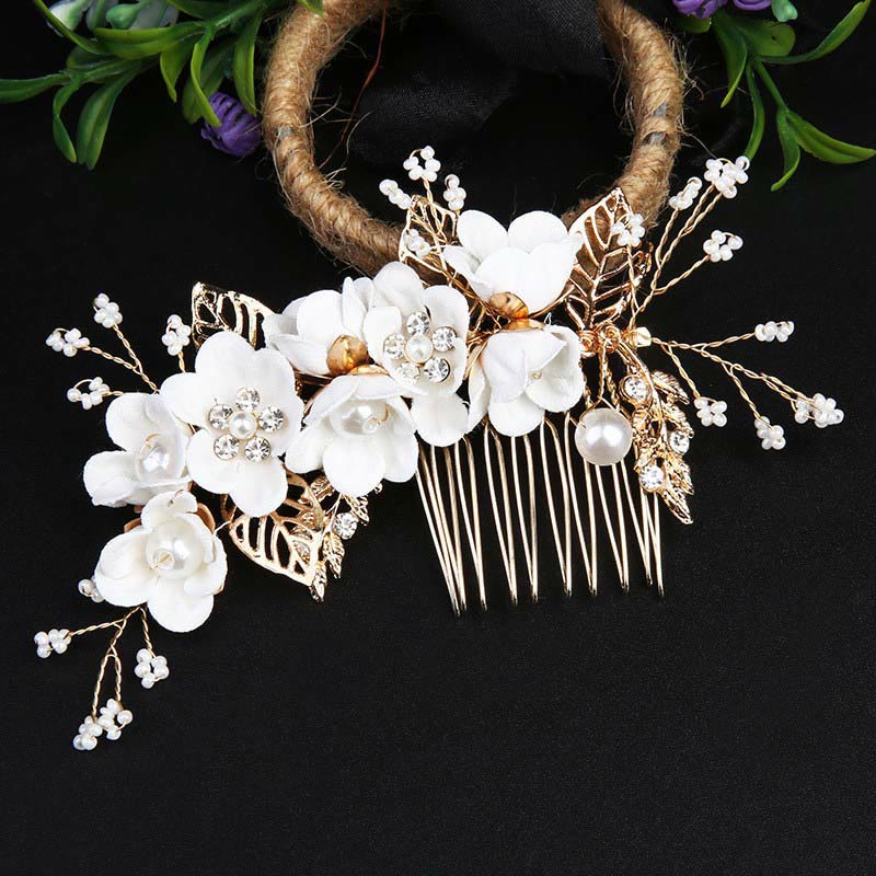 Golden Leaf Flower Pearl Chinese Hairpin Set - 4Pcs Elegant Comb