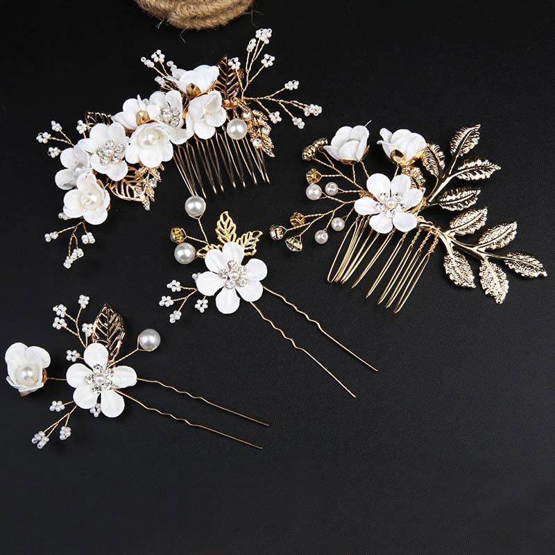 Golden Leaf Flower Pearl Chinese Hairpin Set - 4Pcs Elegant Comb