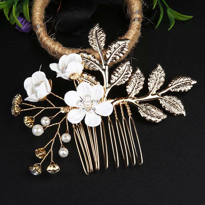 Golden Leaf Flower Pearl Chinese Hairpin Set - 4Pcs Elegant Comb