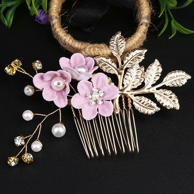 Golden Leaf Flower Pearl Chinese Hairpin Set - 4Pcs Elegant Comb