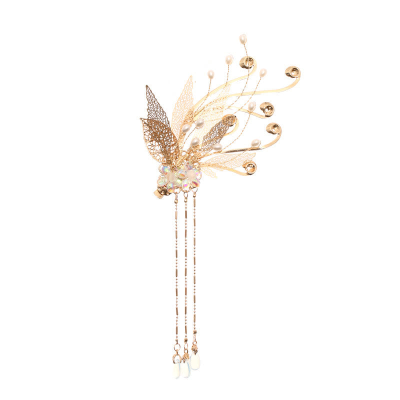 Traditional Chinese Gold Leaf Flower Tassel Hair Clip