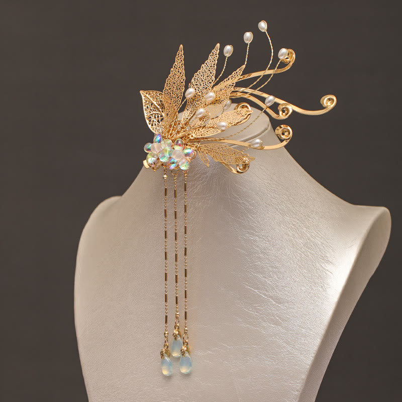 Traditional Chinese Gold Leaf Flower Tassel Hair Clip