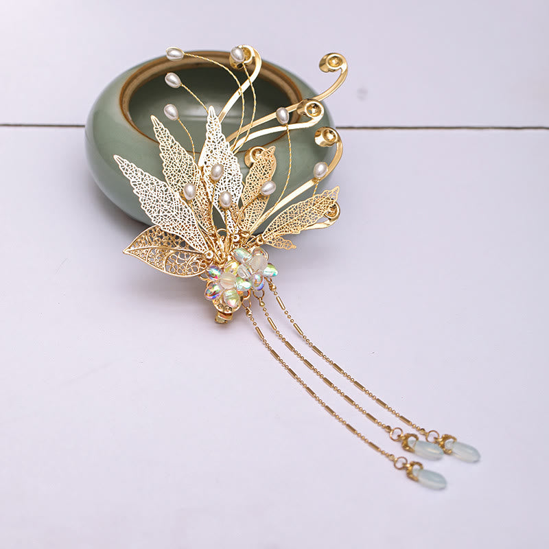 Traditional Chinese Gold Leaf Flower Tassel Hair Clip