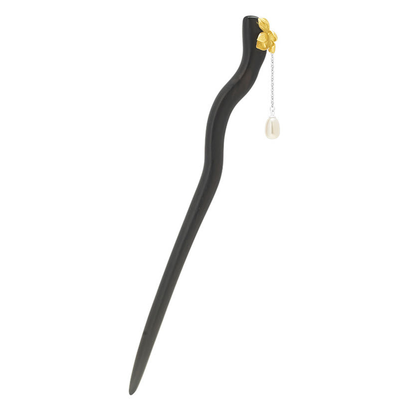 Sterling Silver Lotus Flower Hairpin with Ebony Pearl Tassel