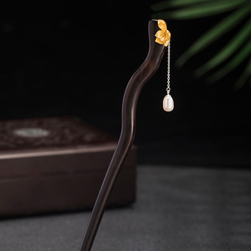 Sterling Silver Lotus Flower Hairpin with Ebony Pearl Tassel
