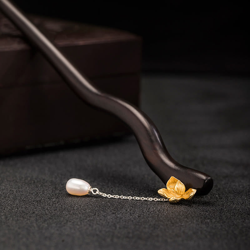 Sterling Silver Lotus Flower Hairpin with Ebony Pearl Tassel