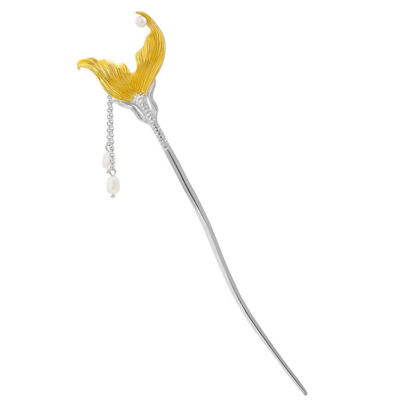 925 Sterling Silver Chinese Fish Tail Pearl Tassel Hairpin