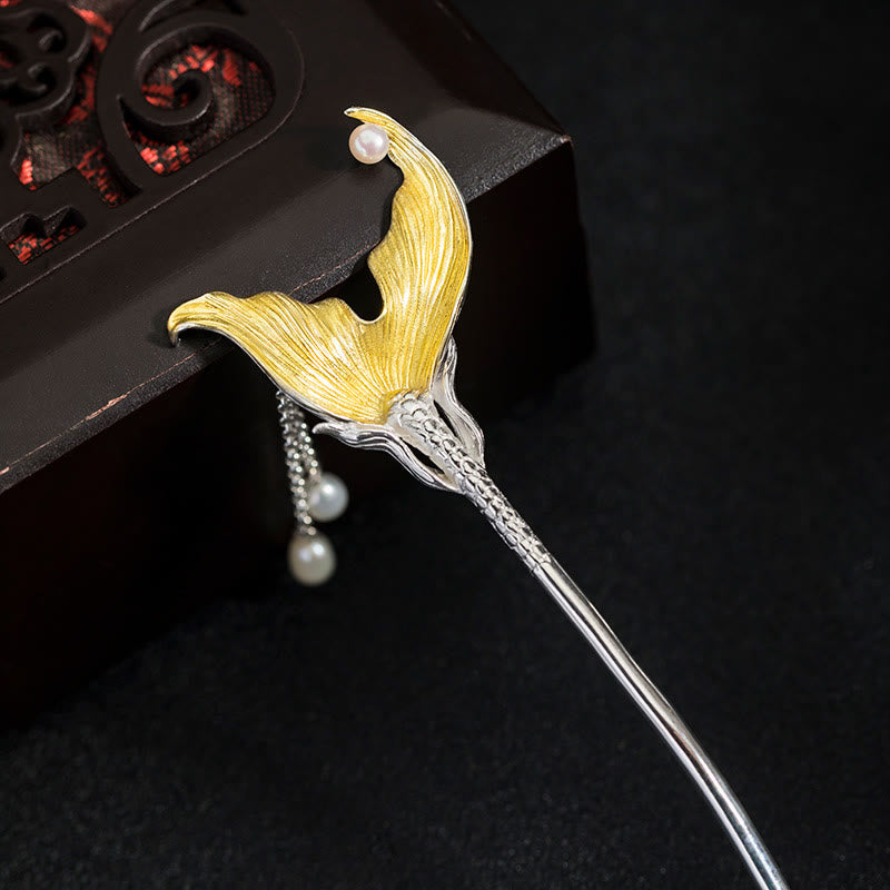 925 Sterling Silver Chinese Fish Tail Pearl Tassel Hairpin