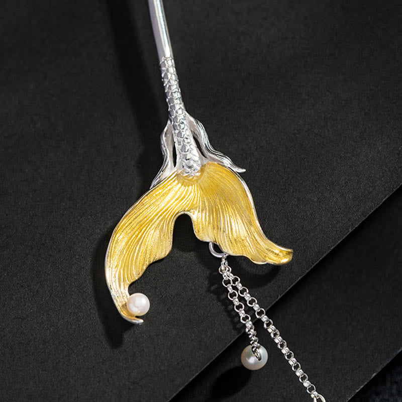 925 Sterling Silver Chinese Fish Tail Pearl Tassel Hairpin