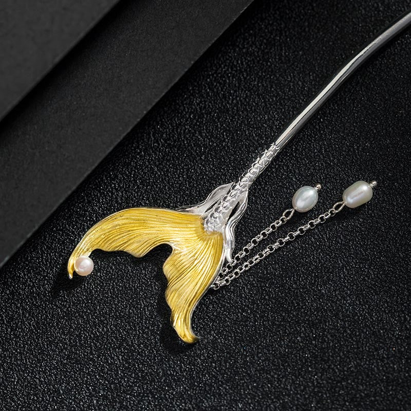 925 Sterling Silver Chinese Fish Tail Pearl Tassel Hairpin