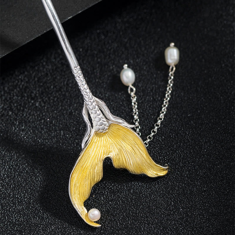 925 Sterling Silver Chinese Fish Tail Pearl Tassel Hairpin