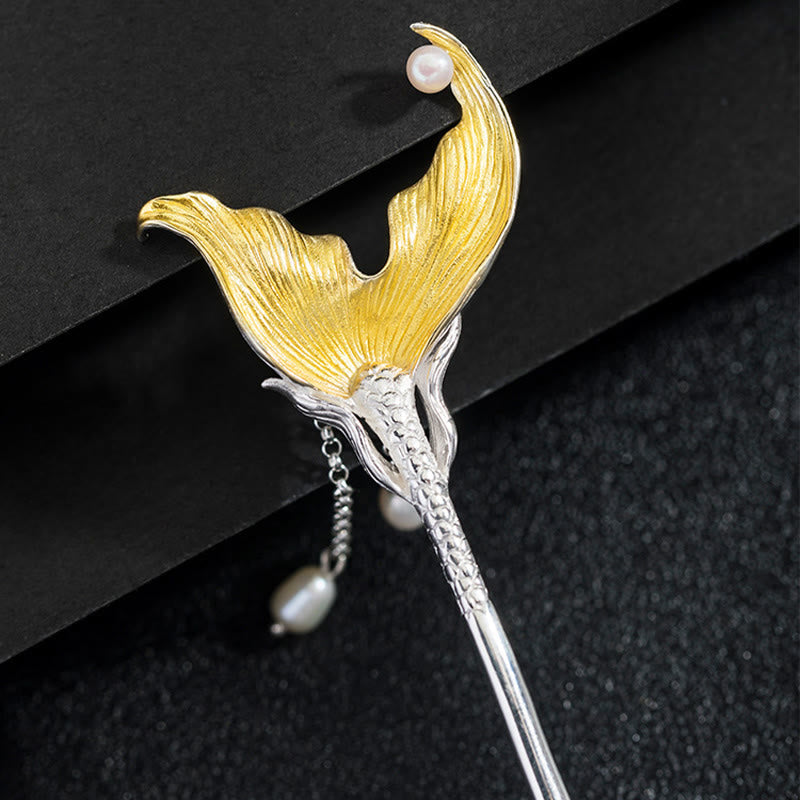925 Sterling Silver Chinese Fish Tail Pearl Tassel Hairpin