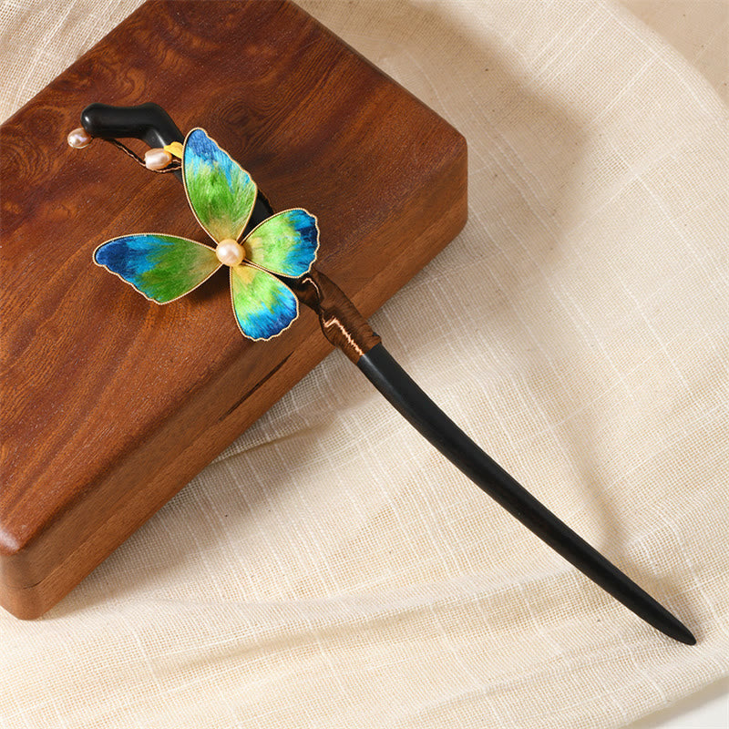 Ebony Wood Butterfly Pearl Hairpin | Chinese Traditional Elegance