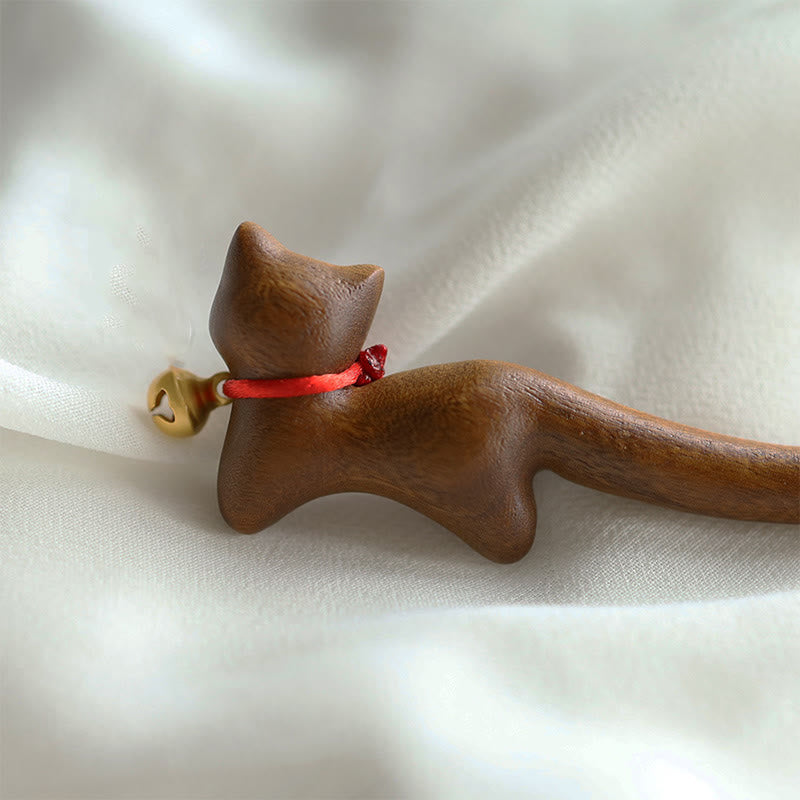 Cat-Shaped Sandalwood Chinese Hairpin for Protection and Calm
