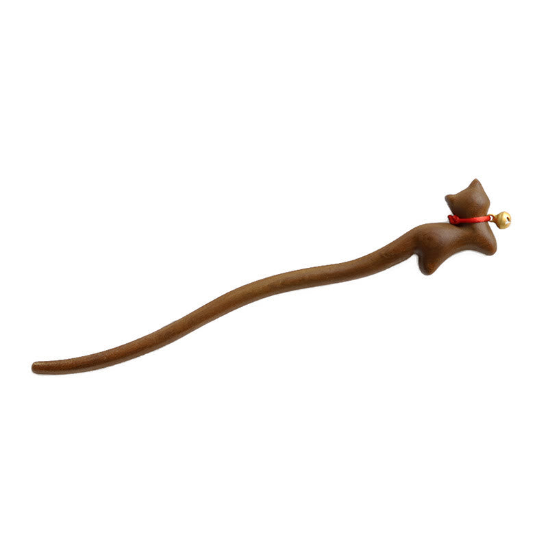Cat-Shaped Sandalwood Chinese Hairpin for Protection and Calm