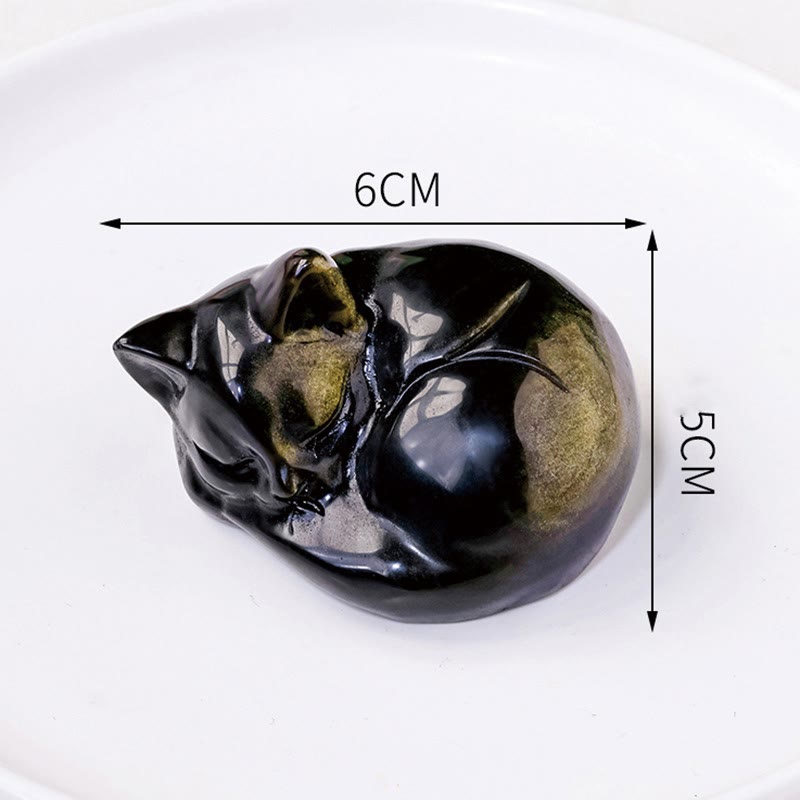 6cm Gold Sheen Obsidian Sleeping Cat Statue Spiritual Decor
