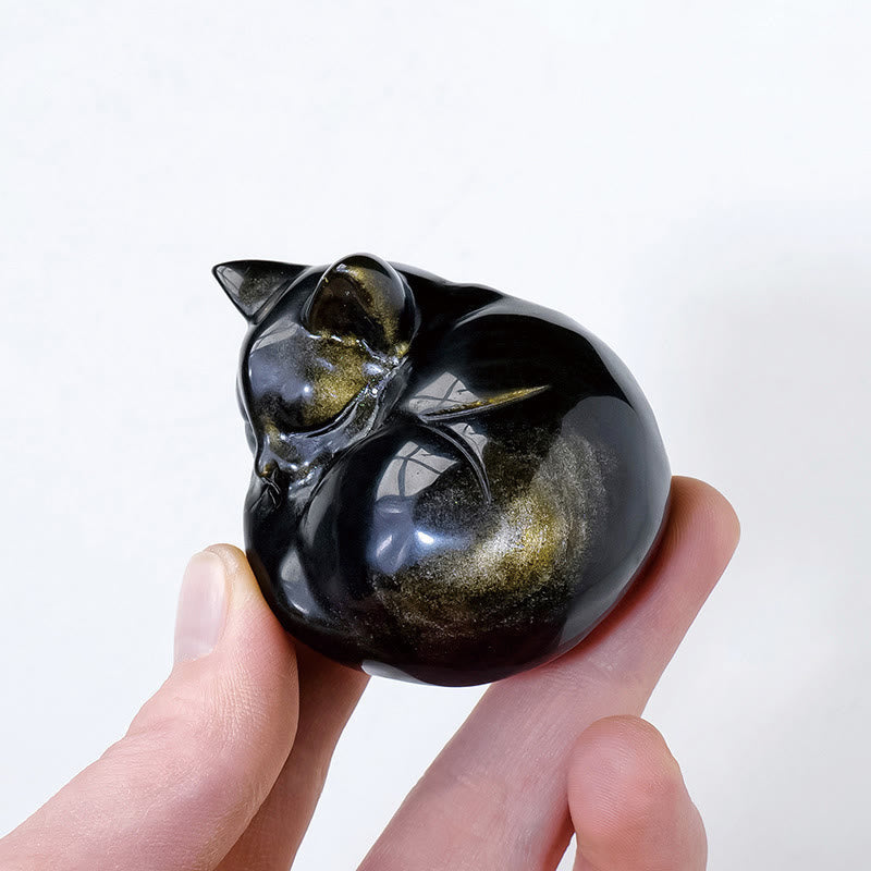 6cm Gold Sheen Obsidian Sleeping Cat Statue Spiritual Decor