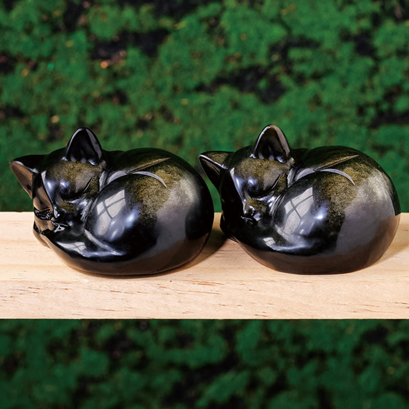 6cm Gold Sheen Obsidian Sleeping Cat Statue Spiritual Decor