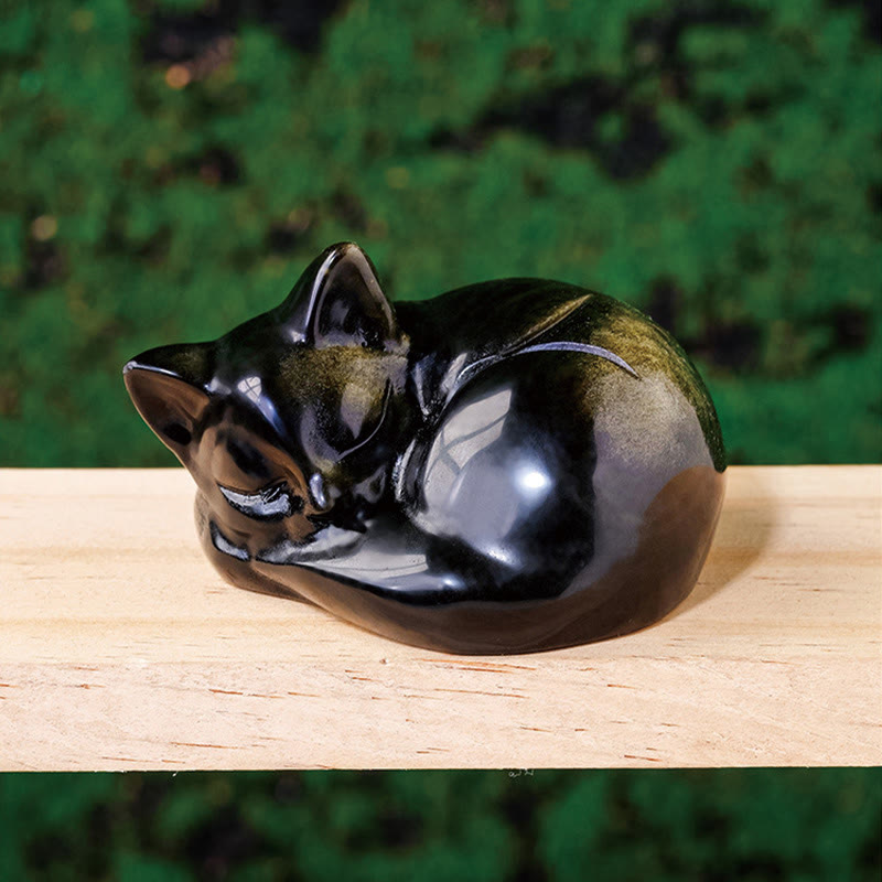 6cm Gold Sheen Obsidian Sleeping Cat Statue Spiritual Decor