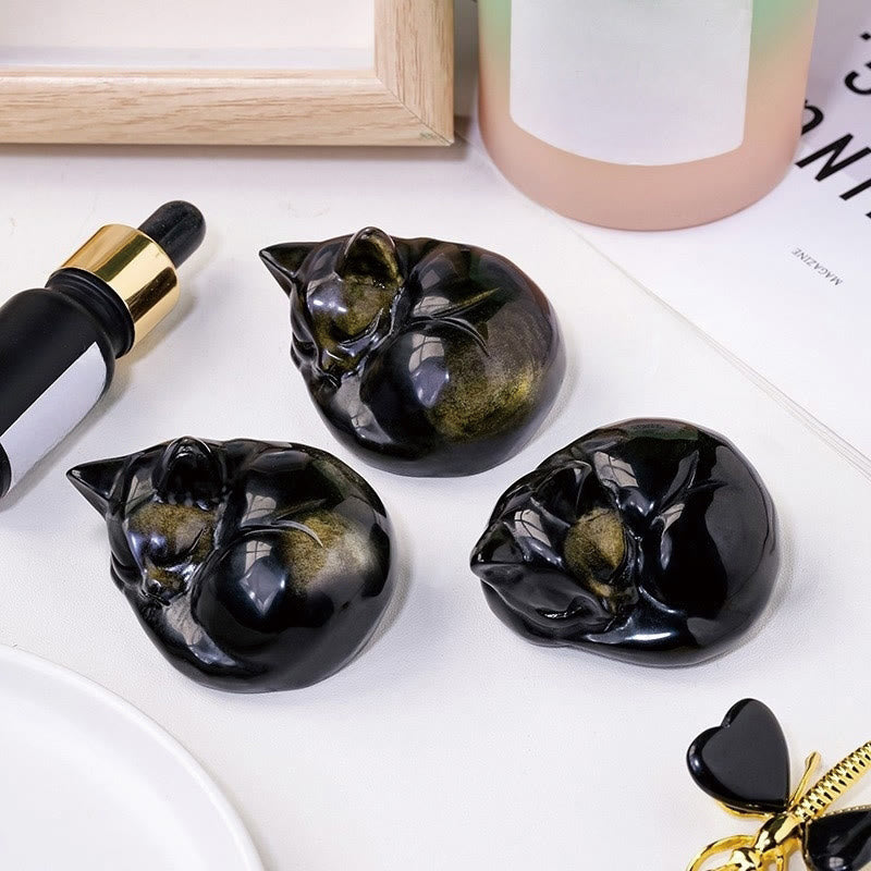 6cm Gold Sheen Obsidian Sleeping Cat Statue Spiritual Decor