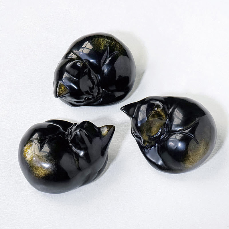 6cm Gold Sheen Obsidian Sleeping Cat Statue Spiritual Decor