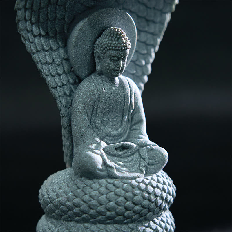 7.5cm Sandstone Shakyamuni Buddha Statue with Snake Symbolism
