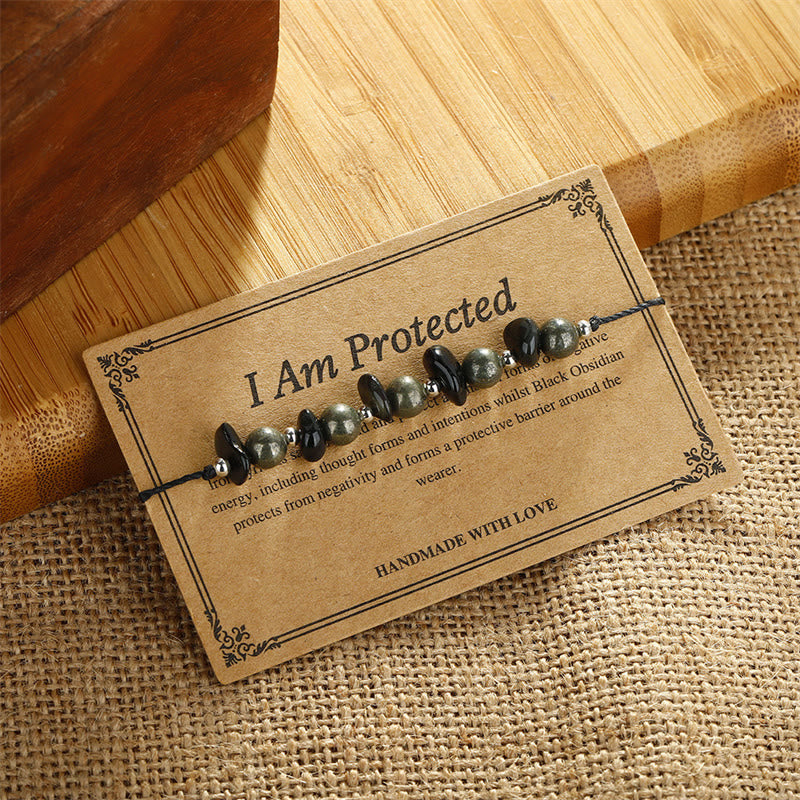 I Am Protected Iron Pyrite & Black Obsidian Bracelet for Protection