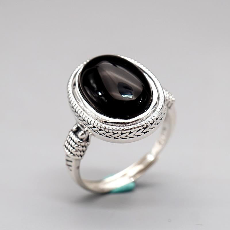 Adjustable Black Onyx Spiritual Protection Ring for Strength & Fortune