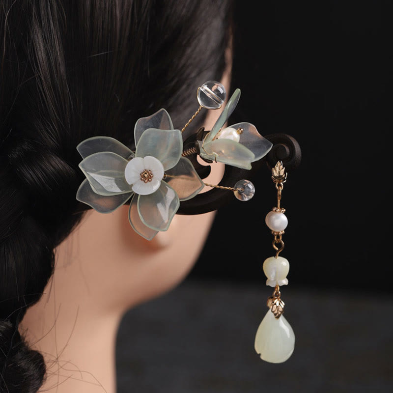 Ebony Jade Shell Magnolia Tassel Chinese Hairpin