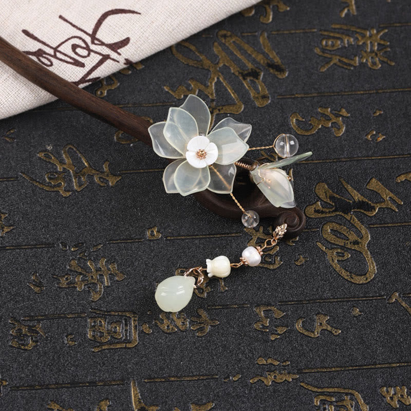 Ebony Jade Shell Magnolia Tassel Chinese Hairpin