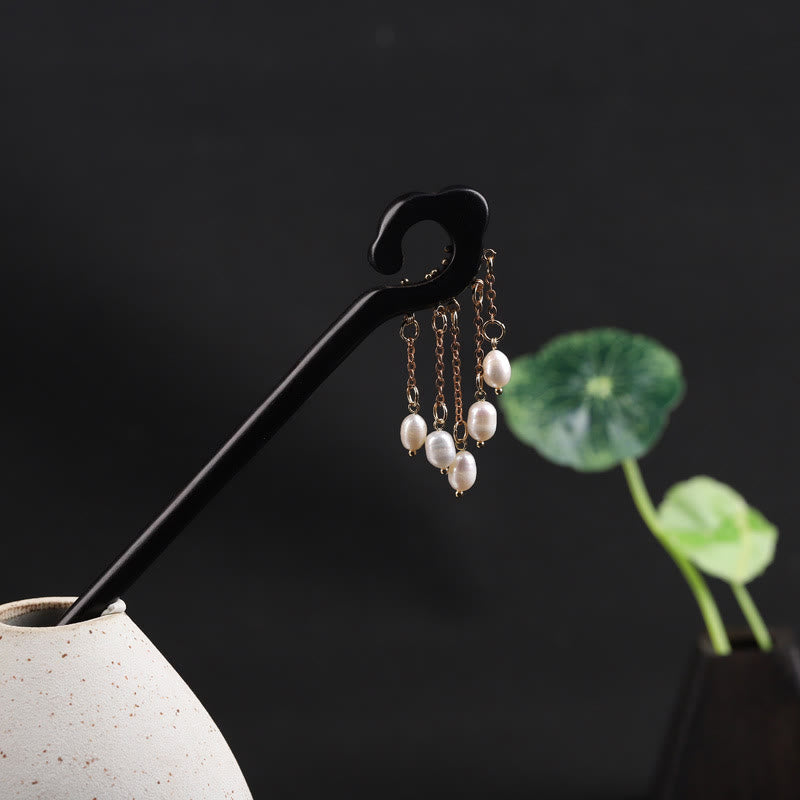 Ebony Chinese Hairpin with Pearl Tassel for Protection and Wisdom