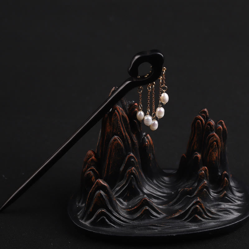 Ebony Chinese Hairpin with Pearl Tassel for Protection and Wisdom