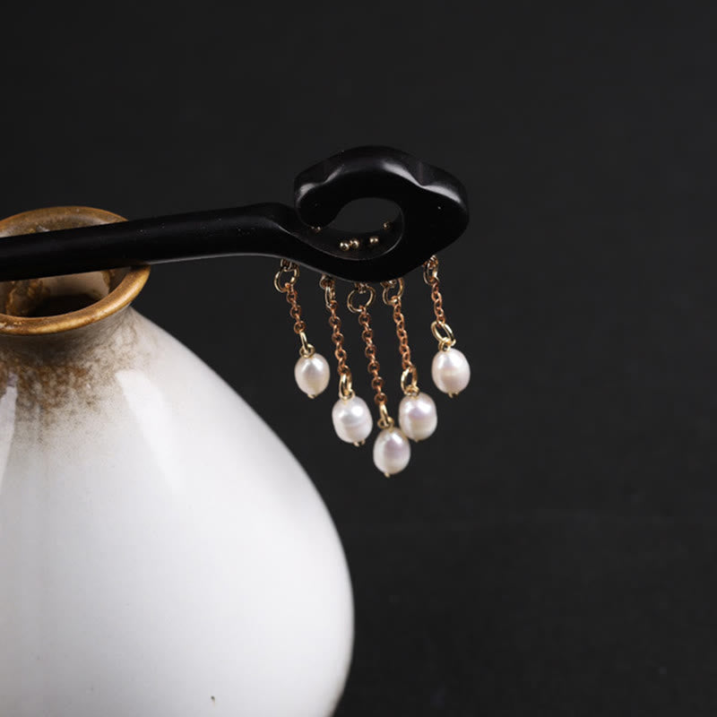 Ebony Chinese Hairpin with Pearl Tassel for Protection and Wisdom
