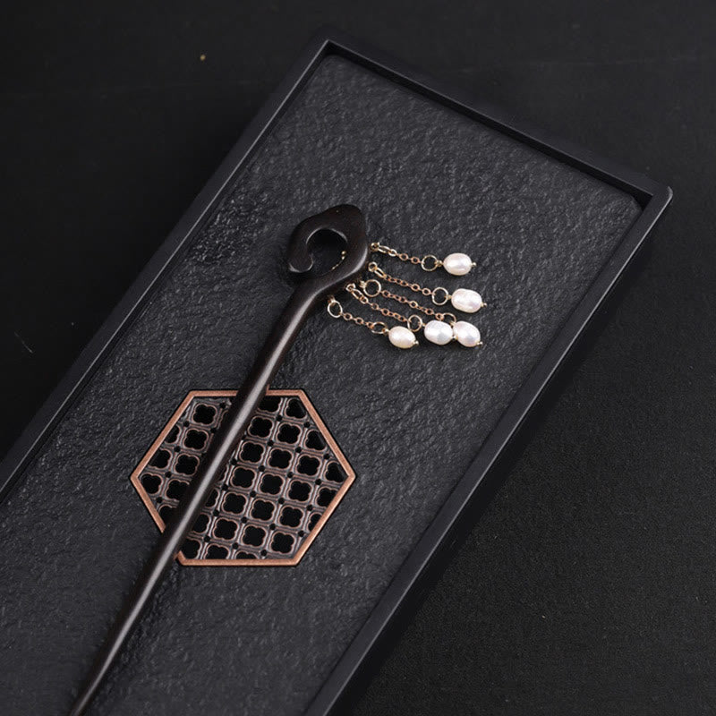 Ebony Chinese Hairpin with Pearl Tassel for Protection and Wisdom