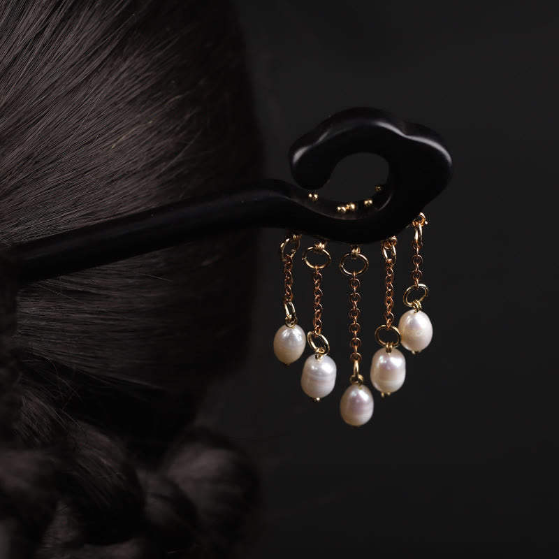Ebony Chinese Hairpin with Pearl Tassel for Protection and Wisdom