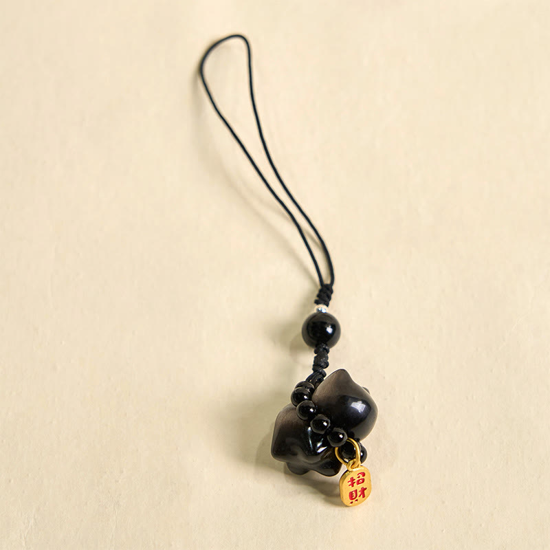 Silver Sheen Obsidian Protection Key Chain With Fu Character