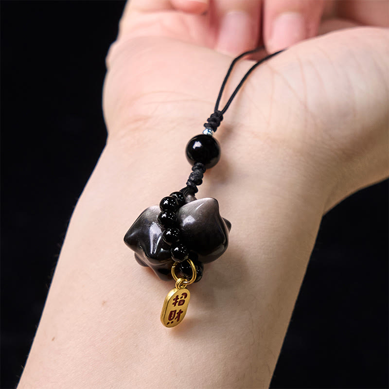 Silver Sheen Obsidian Protection Key Chain With Fu Character