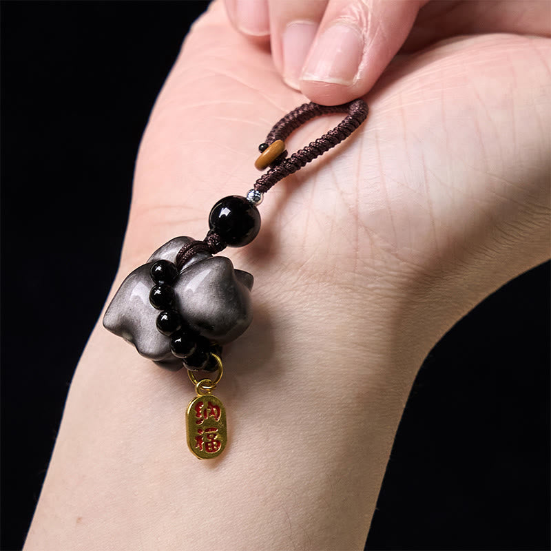 Silver Sheen Obsidian Protection Key Chain With Fu Character