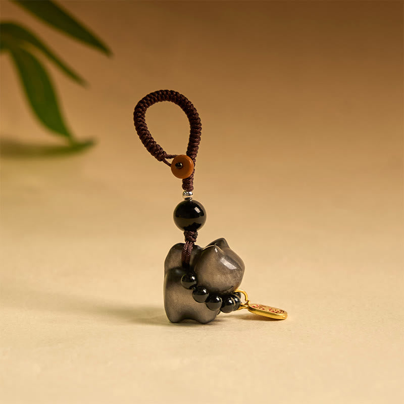 Silver Sheen Obsidian Protection Key Chain With Fu Character