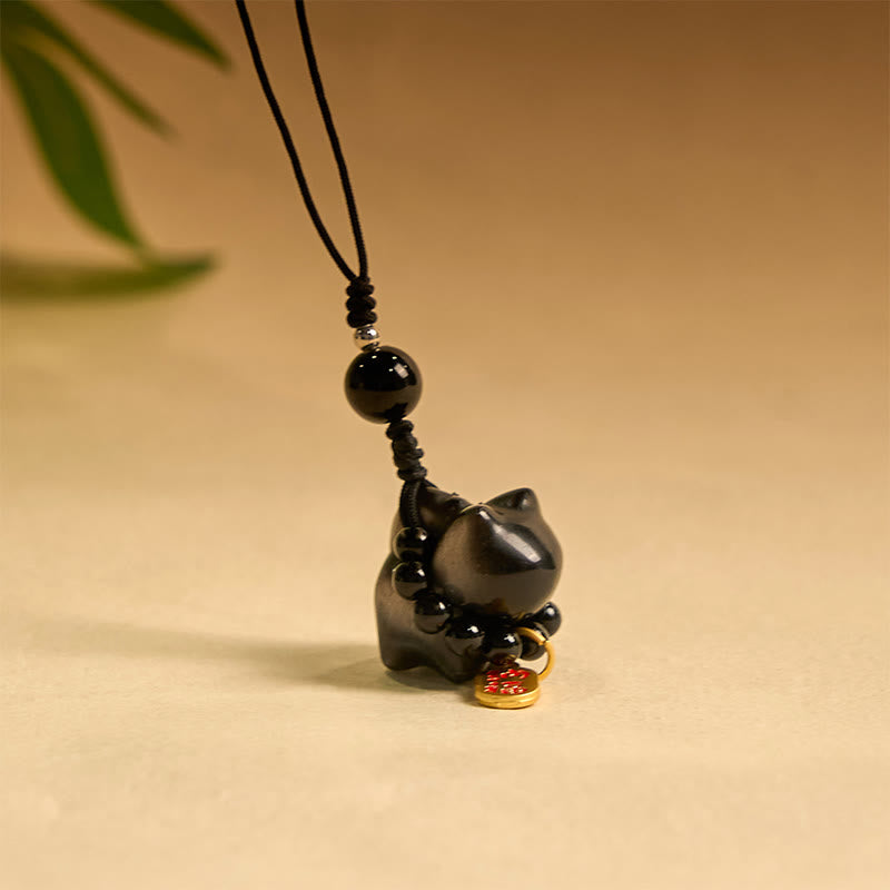 Silver Sheen Obsidian Protection Key Chain With Fu Character