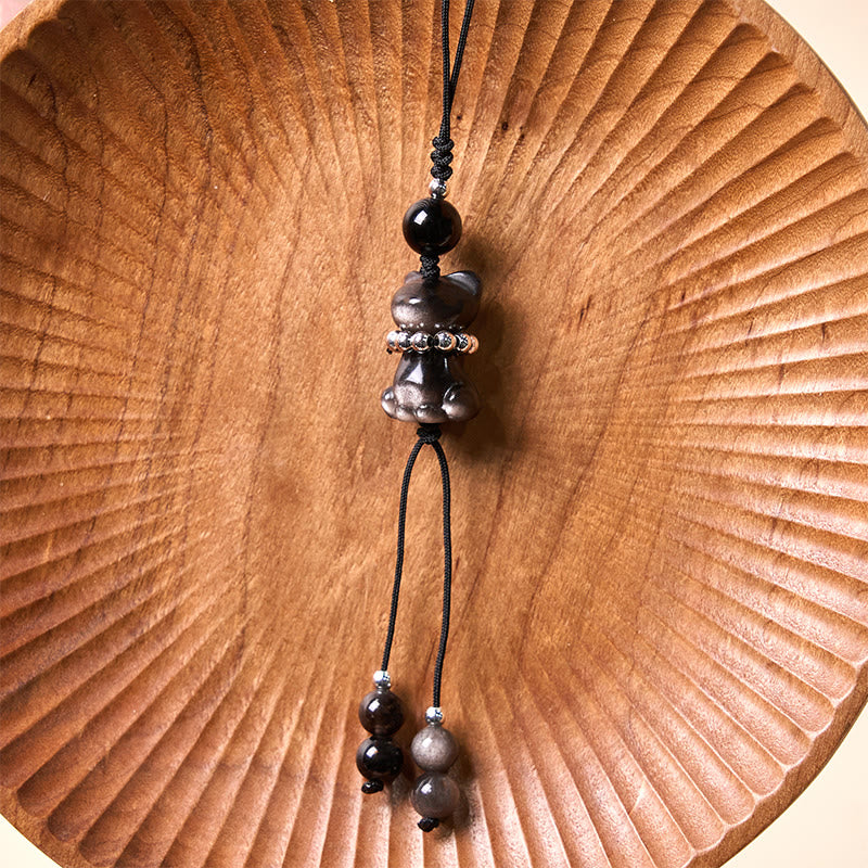 Silver Sheen Obsidian Soothing Cat Phone Hanging Decoration