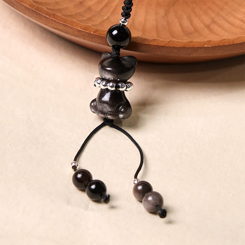 Silver Sheen Obsidian Soothing Cat Phone Hanging Decoration