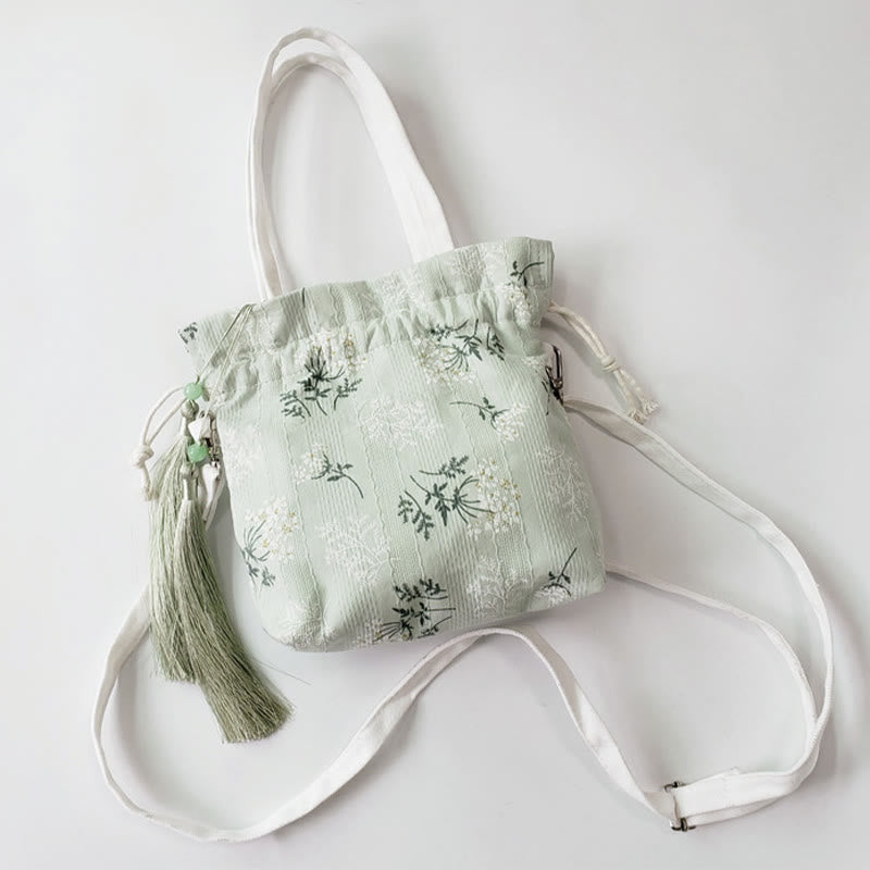 Canvas Tote Bag with White Flowers & Green Leaves 23x29cm