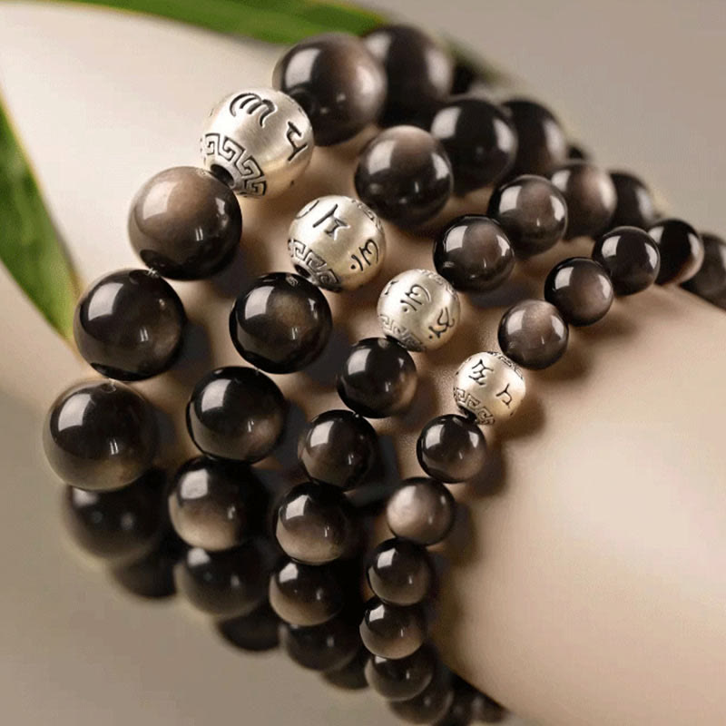 8mm Silver Sheen Obsidian Om Mani Padme Hum Protection Bracelet