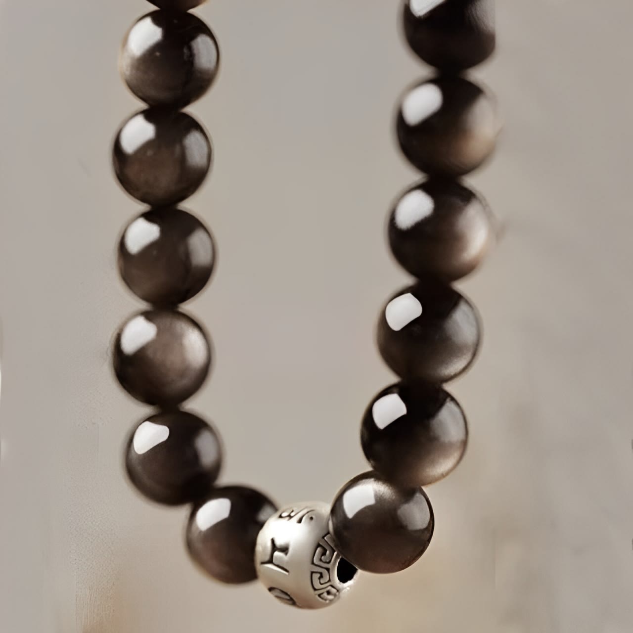 8mm Silver Sheen Obsidian Om Mani Padme Hum Protection Bracelet