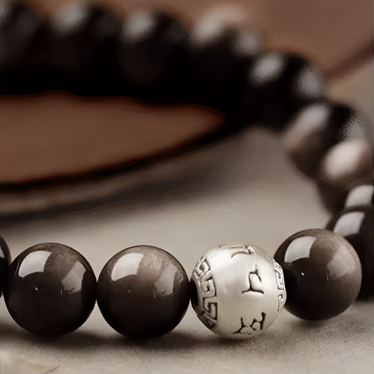 8mm Silver Sheen Obsidian Om Mani Padme Hum Protection Bracelet