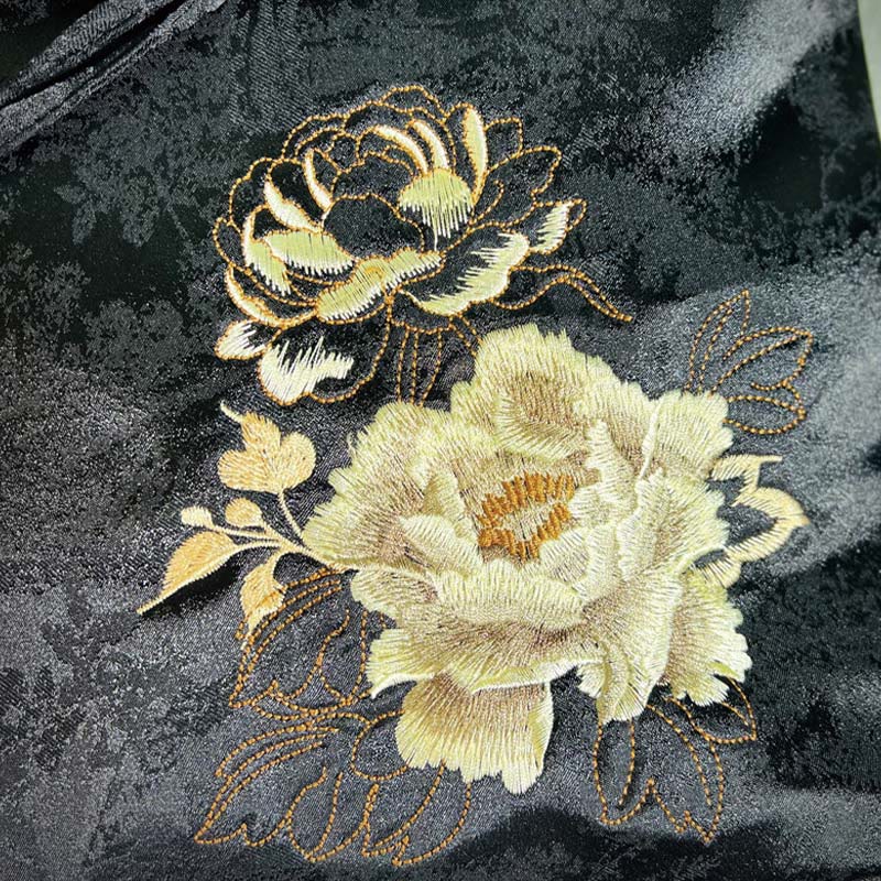 Spacious Black Peony Embroidered Backpack for Spiritual Accessories