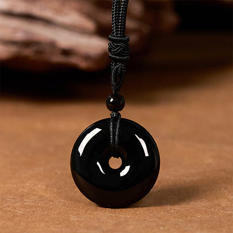 Black Obsidian Peace Buckle Pendant Necklace 50cm Rope