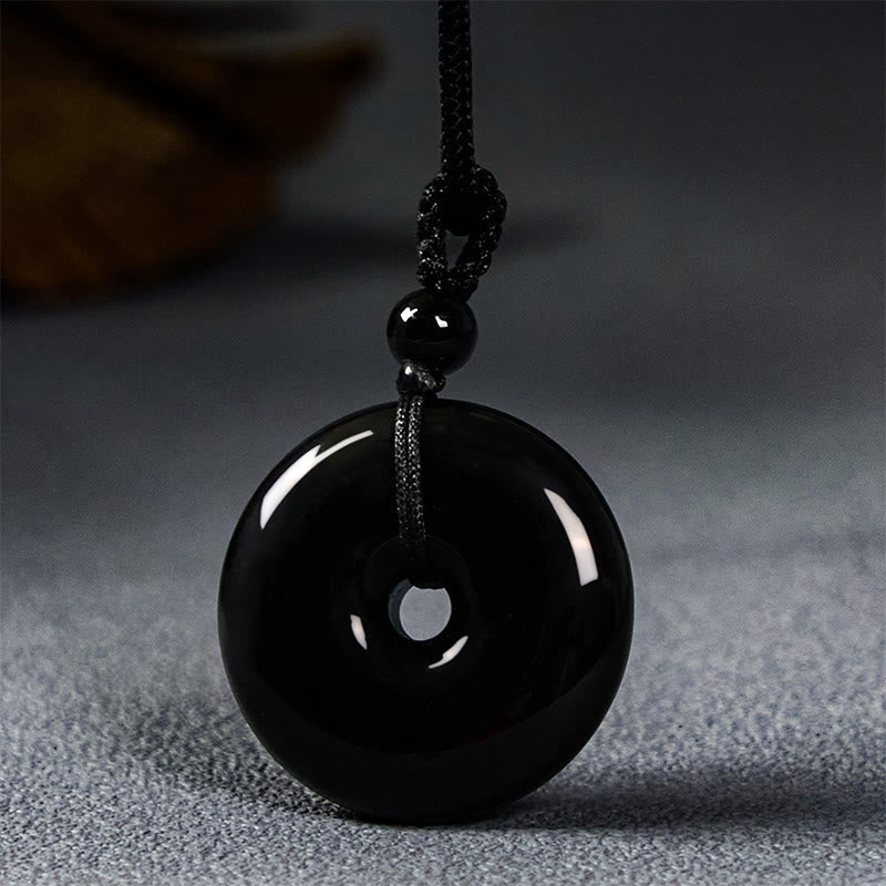 Black Obsidian Peace Buckle Pendant Necklace 50cm Rope