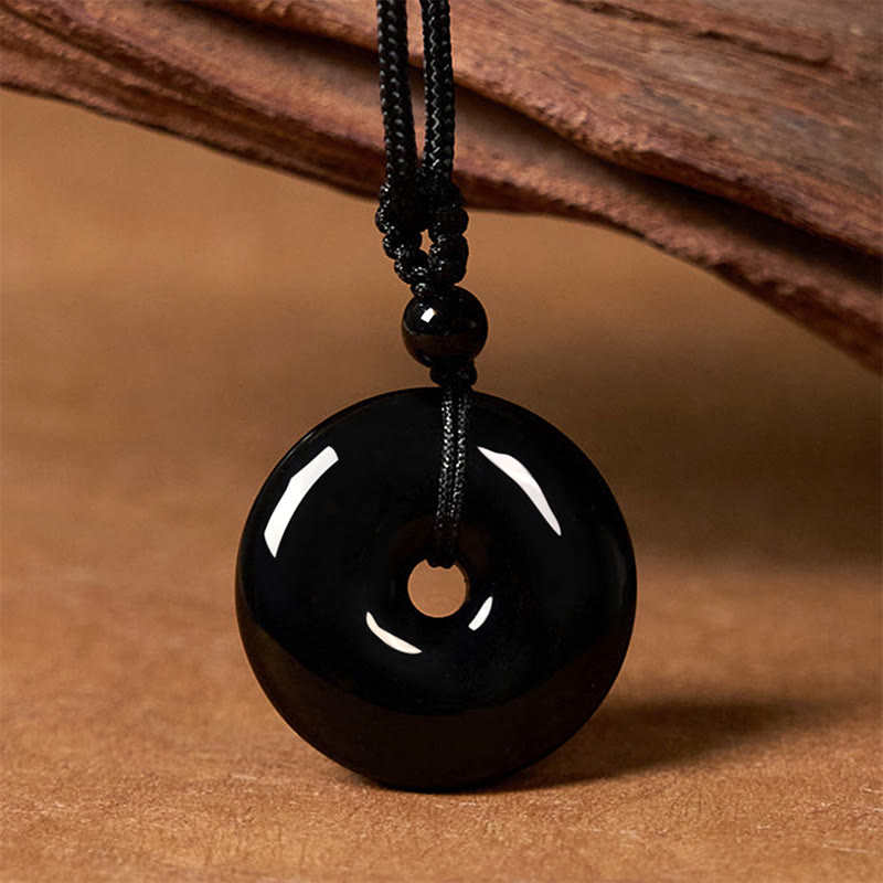 Black Obsidian Peace Buckle Pendant Necklace 50cm Rope